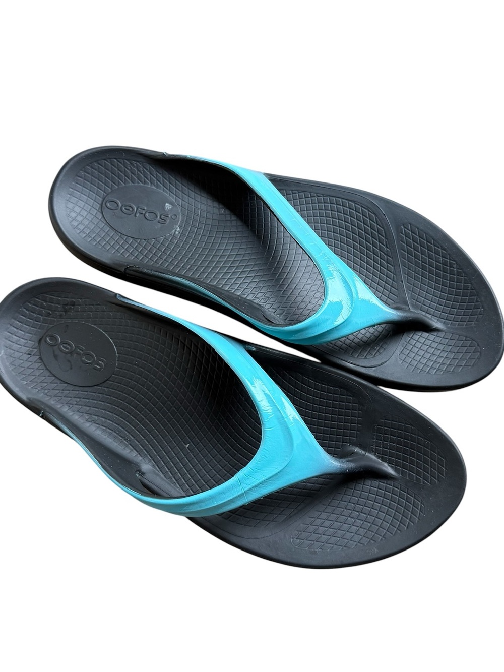 Oofos Oolala flip flop sandals size women’s 10 black blue recovery comfort